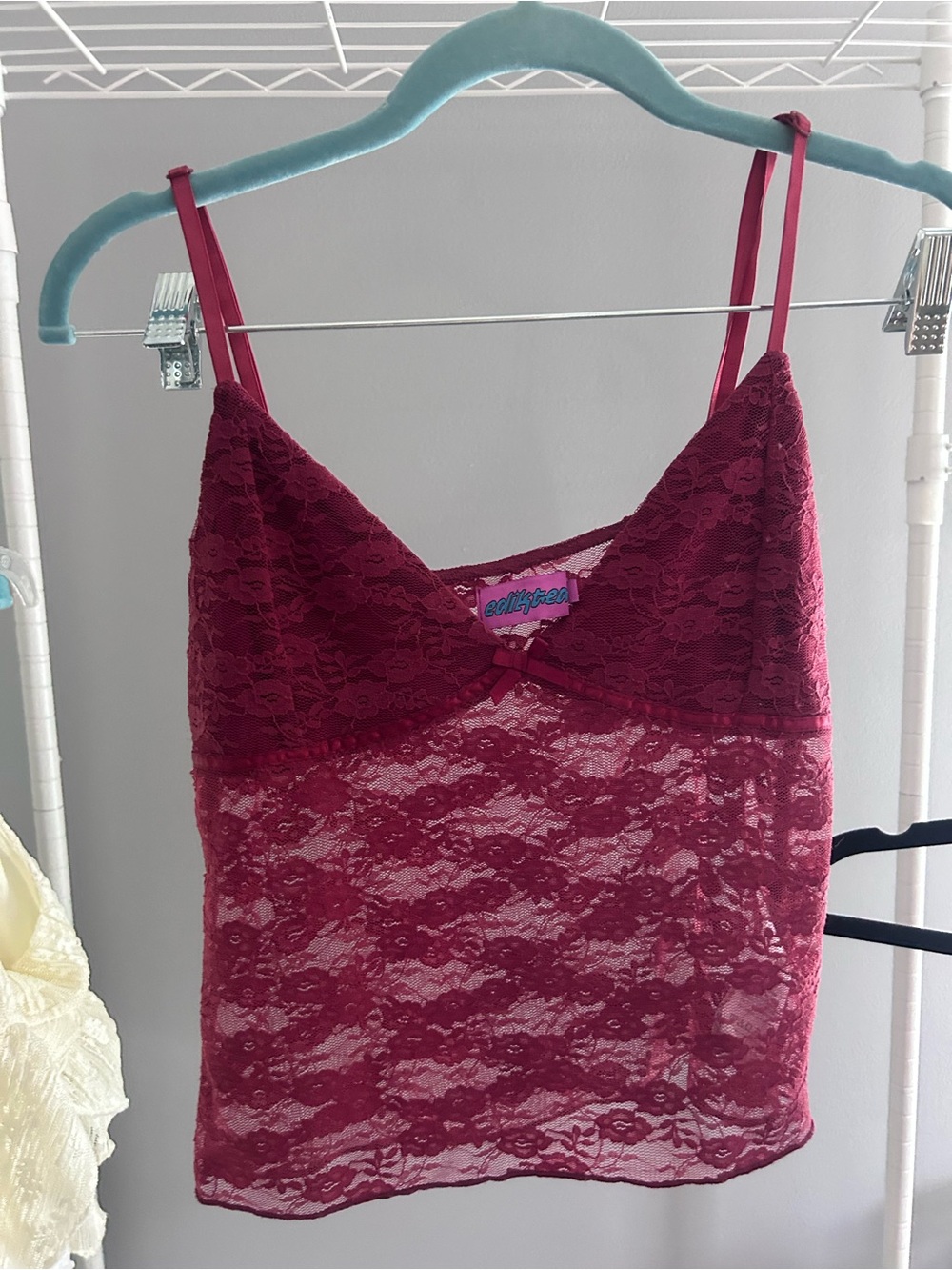 Edikted Burgundy Lace Sheer Spaghetti Strap Tank